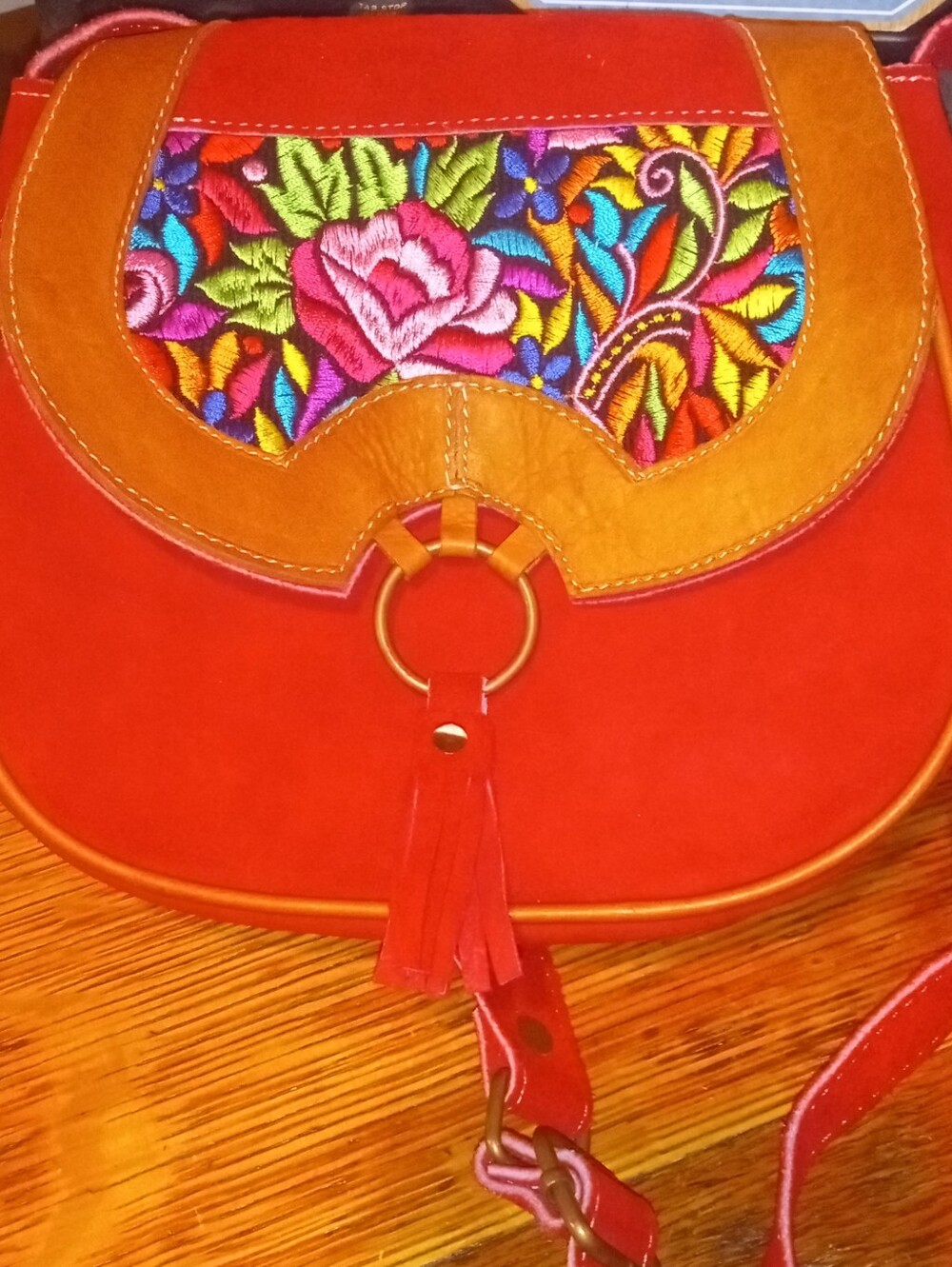 Red Embroidered Suede Crossbody Bag with Tassel